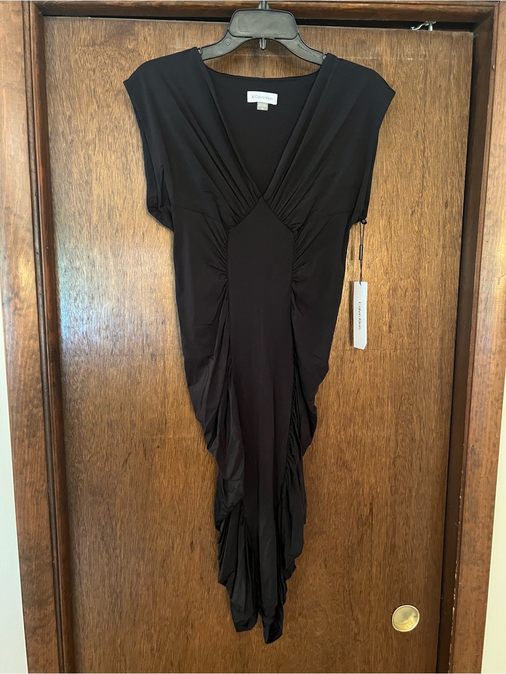 Calvin Klein Black Asymmetrical Draped V-Neck Dress